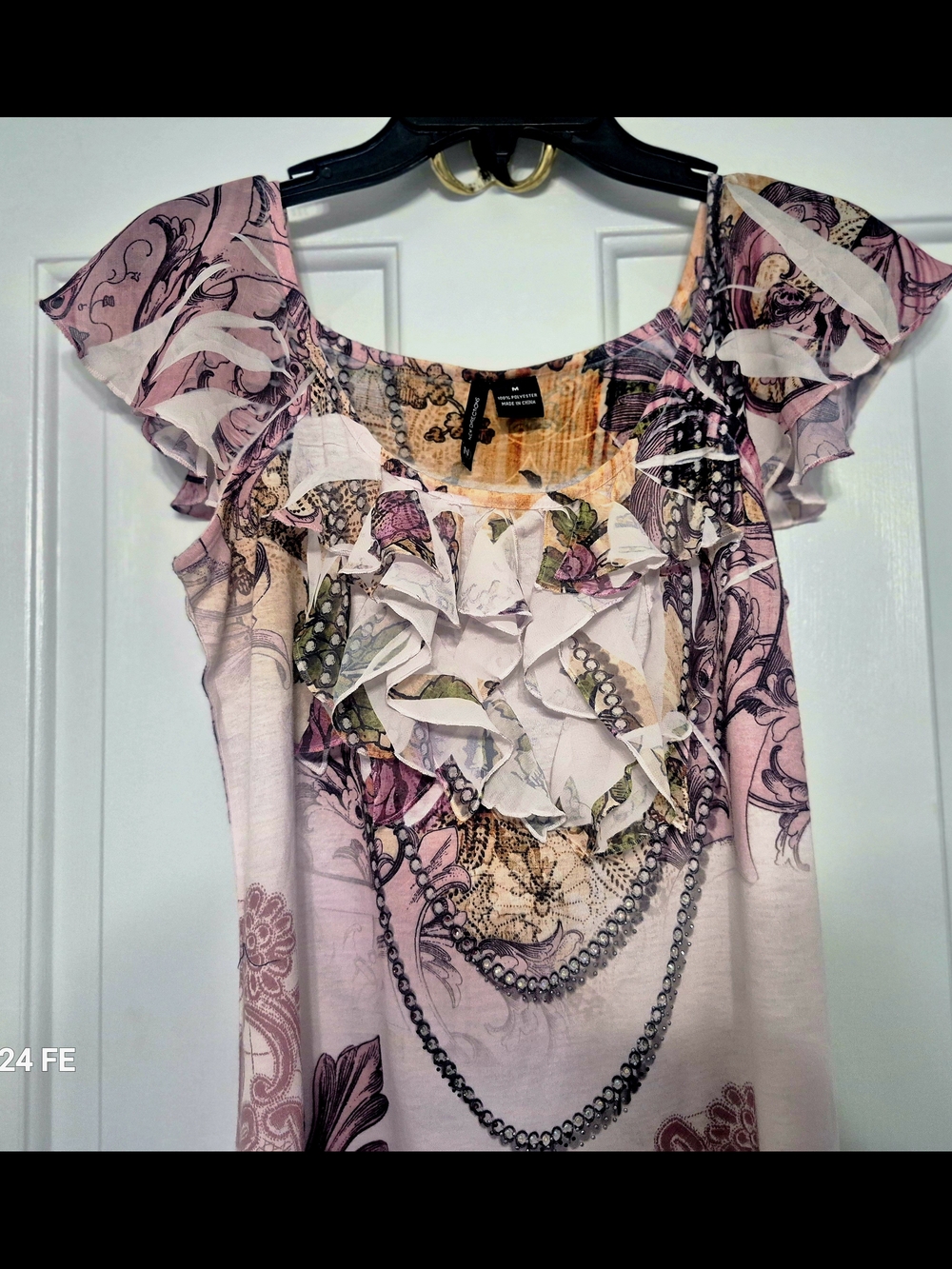 new directions Pink Multi-Pattern Ruffle Front Blouse
